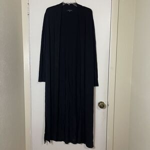 Lafayette 148 Black long knit open front duster cardigan size medium sheer trim